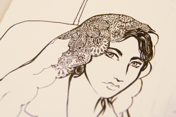 ink and pen drawing of a woman in a lace head scarf